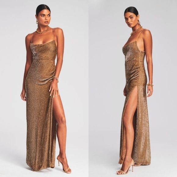 RETROFETE Hand Stitched Copper Sequin Draped Sleeveless Ruched Side Slit Gown M - Picture 1 of 7